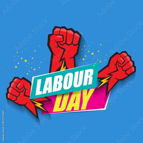 1 may Happy labour day vector label with strong protest fist in the air on blue background. vector happy labor day background or banner with man hand. workers may day poster