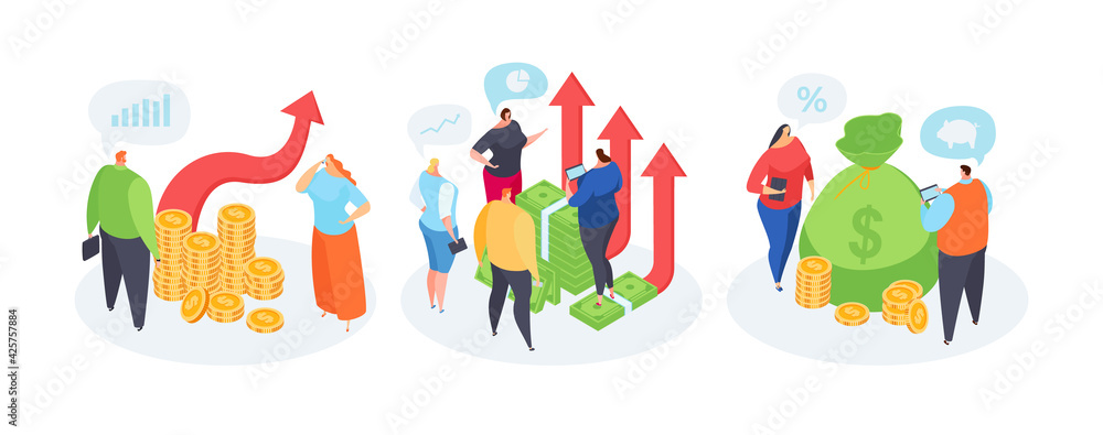 Money growth concept, vector illustration. Flat business finance success for man woman character, financial investment graphic set.