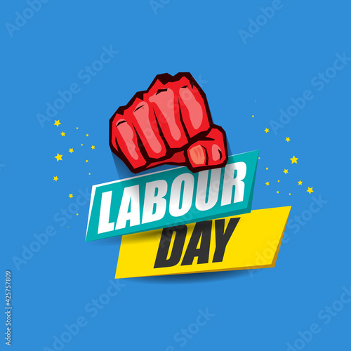 1 may Happy labour day vector label with strong protest fist in the air on blue background. vector happy labor day background or banner with man hand. workers may day poster