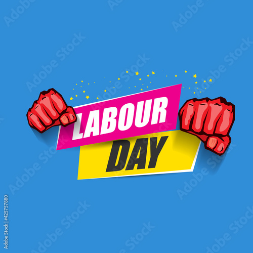 1 may Happy labour day vector label with strong protest fist in the air on blue background. vector happy labor day background or banner with man hand. workers may day poster