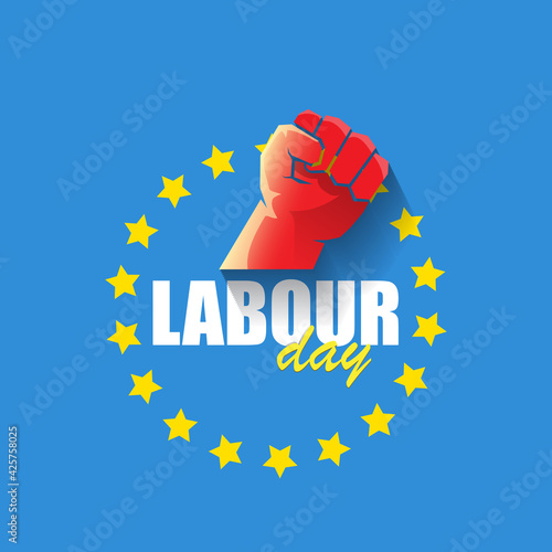 1 may Happy labour day vector label with strong protest fist in the air on blue background. vector happy labor day background or banner with man hand. workers may day poster