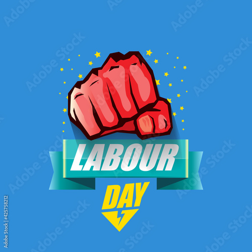 1 may Happy labour day vector label with strong protest fist in the air on blue background. vector happy labor day background or banner with man hand. workers may day poster