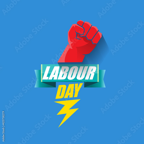 1 may Happy labour day vector label with strong protest fist in the air on blue background. vector happy labor day background or banner with man hand. workers may day poster