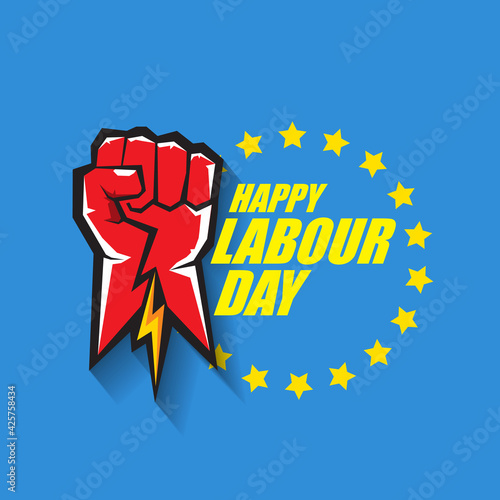 1 may Happy labour day vector label with strong protest fist in the air on blue background. vector happy labor day background or banner with man hand. workers may day poster