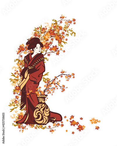japanese geisha wearing traditional kimono clothes standing by vase with autumn maple tree branches forming natural decorative border - fall season vector design
