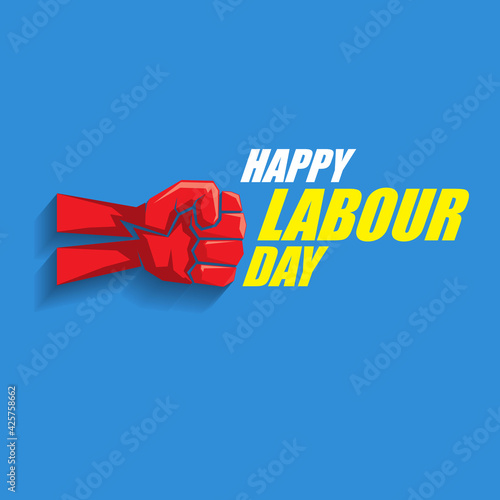1 may Happy labour day vector label with strong protest fist in the air on blue background. vector happy labor day background or banner with man hand. workers may day poster