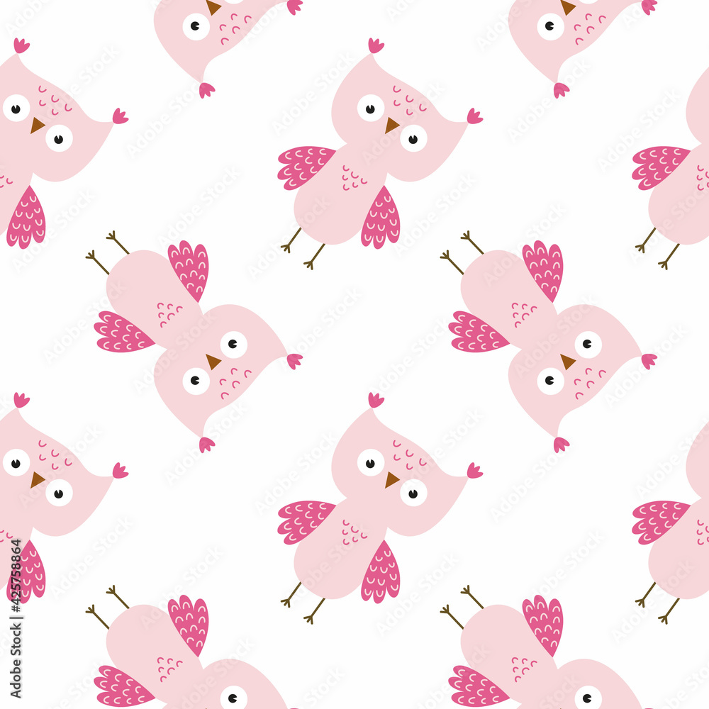 Seamless pattern with pink owls. Owl on a white background. Endless background for printing on fabric, textiles and packaging paper.