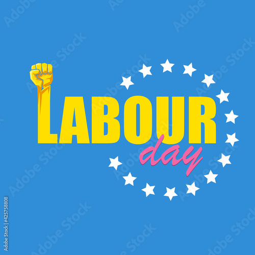 1 may Happy labour day vector label with strong protest fist in the air on blue background. vector happy labor day background or banner with man hand. workers may day poster