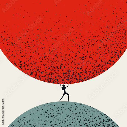 Business woman under pressure vector concept. Symbol of stress, hard work, strength. Minimal illustration.