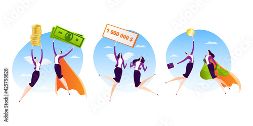 Superwoman character with cartoon money set, vector illustration. Business hero people design, successful person job, manager flying with currency