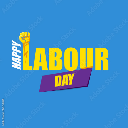 1 may Happy labour day vector label with strong protest fist in the air on blue background. vector happy labor day background or banner with man hand. workers may day poster