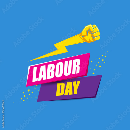 1 may Happy labour day vector label with strong protest fist in the air on blue background. vector happy labor day background or banner with man hand. workers may day poster