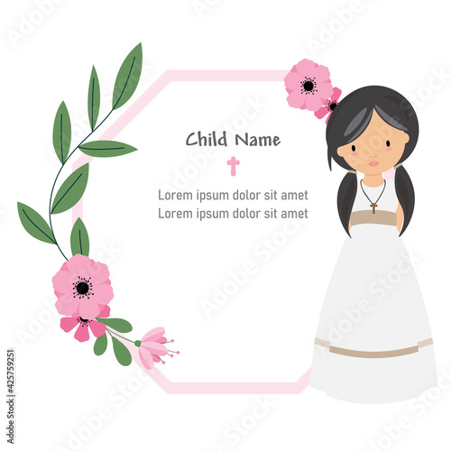 My first communion card. Girl with flower frame to enter text. Isolated vector