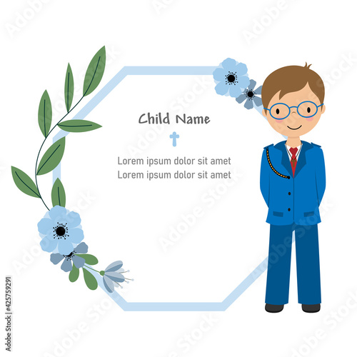 My first communion card. Boy with flower frame to enter text. Isolated vector