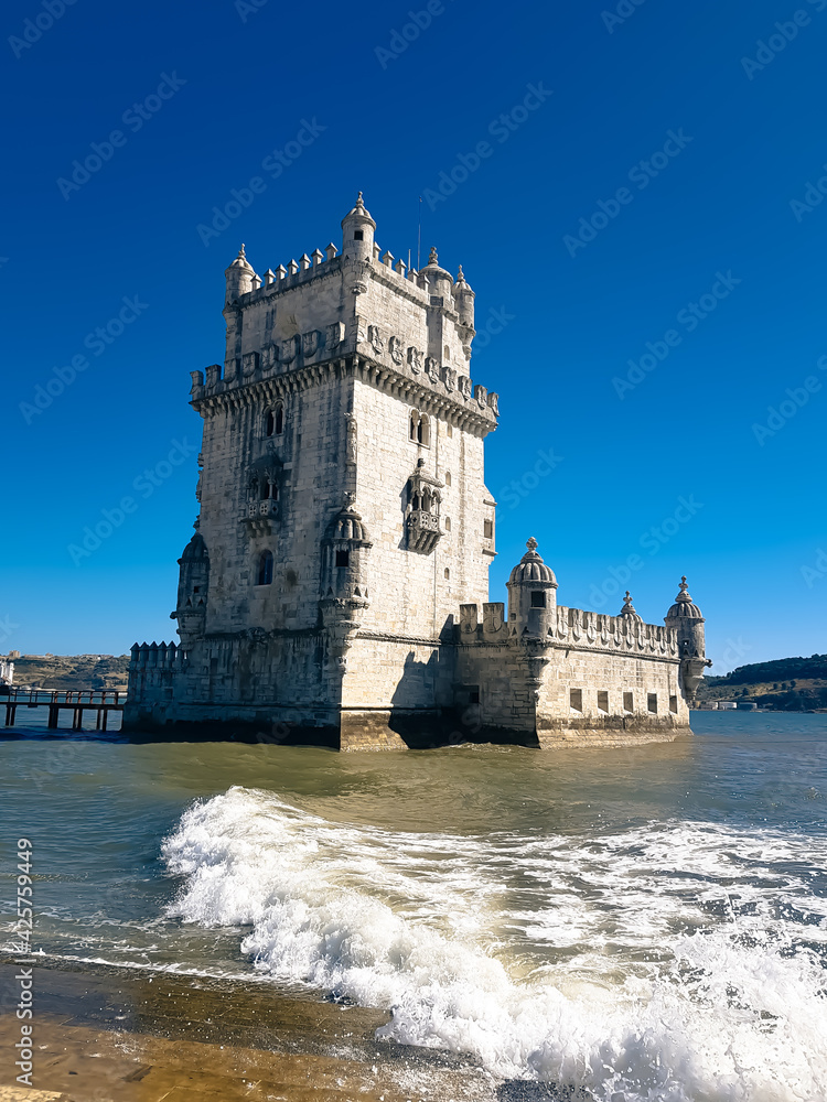 sunny day and blue sky at belem tower in Lisbon, Portugal