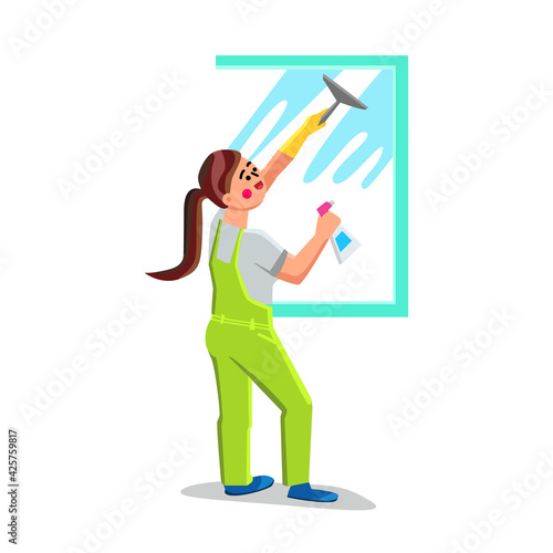 Girl Glass Cleaning With Brush And Sprayer Vector. Young Woman Window Glass Cleaning With Detergent, Hygiene Occupation. Character Housekeeping Or Clean Service Business Flat Cartoon Illustration