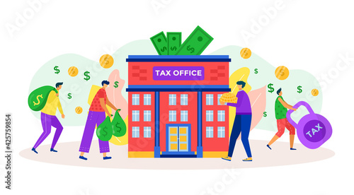 Finance tax, pay money in bank vector illustration. People man woman character make financial payment in building, heavy currency investment