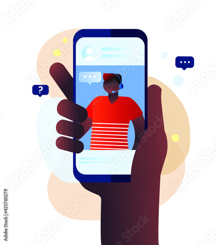 Customer support, male black hotline operator advises client online.