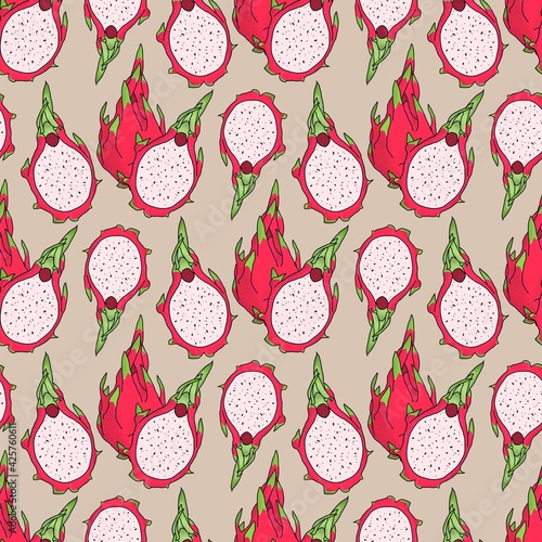Seamless pink dragon fruit pattern. Exotic fruits on a soft  background. Hawaiian food. Healthy eating. Trendy illustrated pattern of summer fruits. Beautiful design for wallpapers  textile