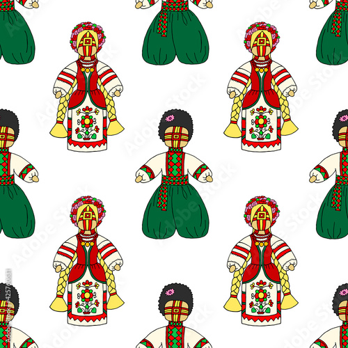Bright seamless pattern with traditional rag dolls on a white background. Ukrainian national amulet. Vector drawing.