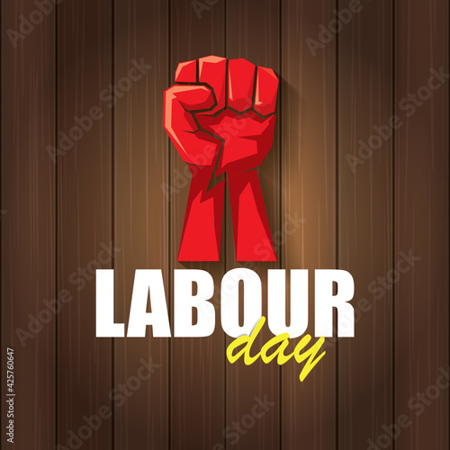 1 may Happy labour day vector label with strong protest fist in the air on wood background. vector happy labor day background or banner with man hand. workers may day poster