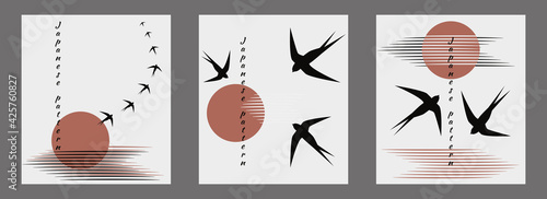 Trendy minimalistic Japanese style illustration set. Flock of swallows fly into bright sun, unity of water, air, nature. Vector illustration, birds hieroglyphs