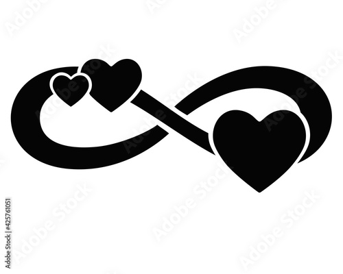Infinity sign with three hearts - vector silhouette illustration for logo or pictogram. Eternal love symbol for Valentine's Day, polyamory symbol. Love and romance is a sign or icon.
