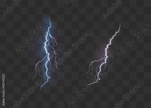 A set of lightning Magic and bright light effects. Vector illustration. Discharge electric current. Charge current. Natural phenomena.