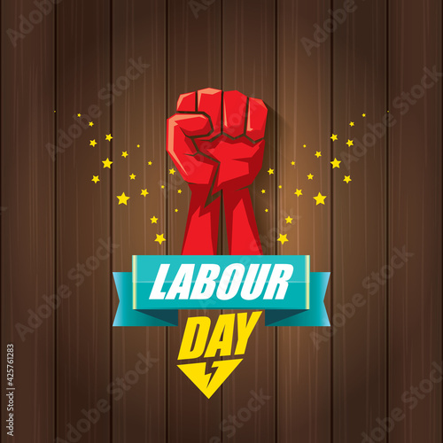 1 may Happy labour day vector label with strong protest fist in the air on wood background. vector happy labor day background or banner with man hand. workers may day poster
