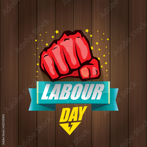 1 may Happy labour day vector label with strong protest fist in the air on wood background. vector happy labor day background or banner with man hand. workers may day poster