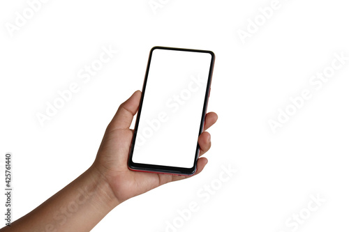 The hand is holding the white screen  the mobile phone is isolated on a white background with the clipping path.