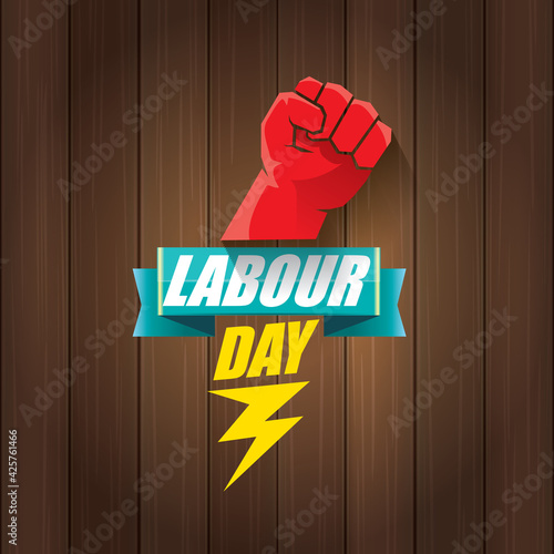 1 may Happy labour day vector label with strong protest fist in the air on wood background. vector happy labor day background or banner with man hand. workers may day poster