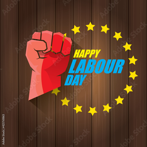 1 may Happy labour day vector label with strong protest fist in the air on wood background. vector happy labor day background or banner with man hand. workers may day poster