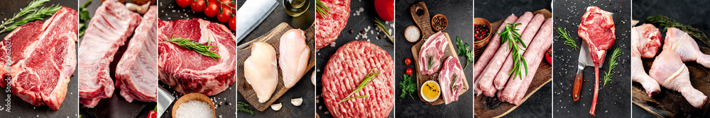Set of different raw meat on a stone background. Photo collage, banner concept for butcher shop