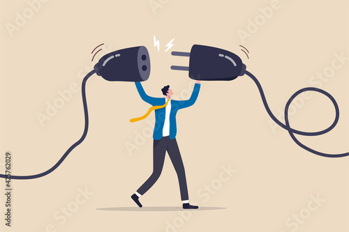 Business continuity, energy recharge or connecting people to advance or surpass work difficulty concept, businessman manager connecting power cord to continue business.