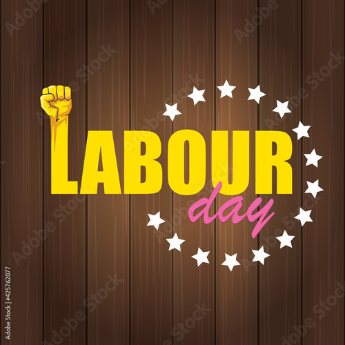 1 may Happy labour day vector label with strong protest fist in the air on wood background. vector happy labor day background or banner with man hand. workers may day poster
