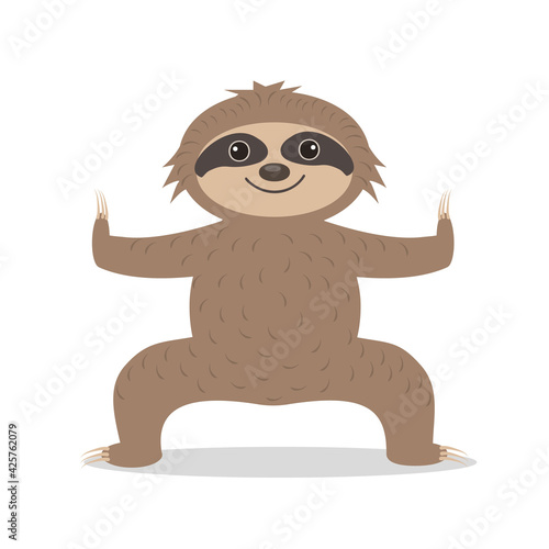 Sloth stands in yoga pose, color vector illustration cartoon clipart print design, print, sticker, design