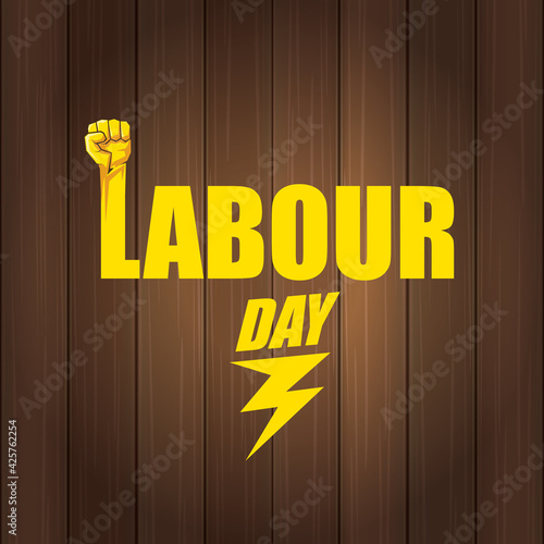1 may Happy labour day vector label with strong protest fist in the air on wood background. vector happy labor day background or banner with man hand. workers may day poster