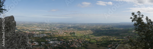 San Marino, the Witches Pass. Panorama of the path with the stairway carved into the rock towards the First Tower perched on a rock overlooking the surrounding area and the sea 