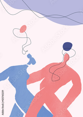 Two people dancing together. Hand drawn illustration in line art and boho style with pastel colors. For print, poster and art product.