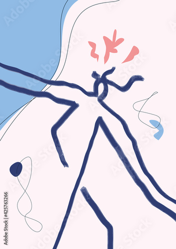 Minimal people walk figure draw in blue. Minimal abstract design art. Line art silhouette. Shapes and line with pastel colors in boho style. For print, poster wall and art product.