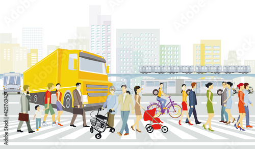 Stadt mit Straßenverkehr, Wohnhäuser und Fußgänger auf den Zebrastreifen,