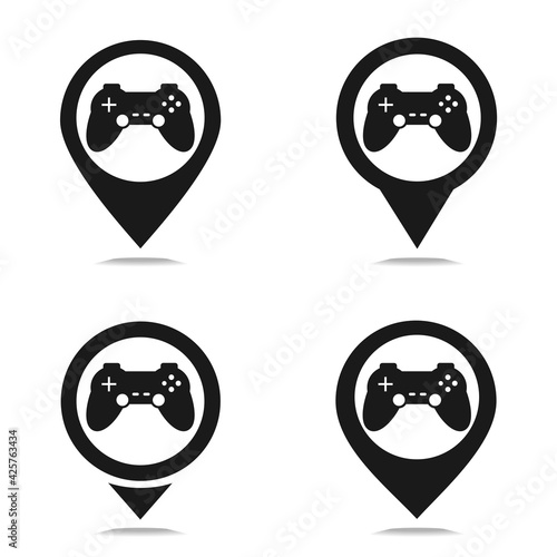 Set of map pointer with joystick, gamepad icon.  Game center location. Illustration vector