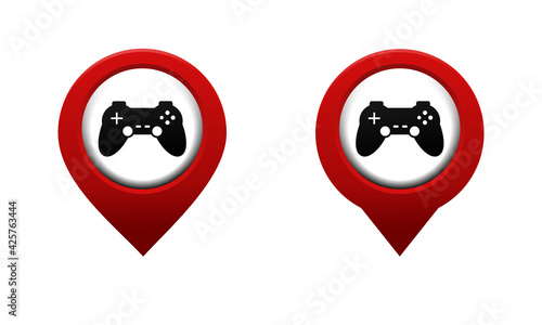 Set of map pointer with joystick, gamepad icon. Game center location. Red map pin. Illustration vector