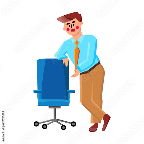 We Are Hiring New Colleague In Company Vector. Boss Ceo Leaning On Office Chair Hiring And Inviting Employee Seat Down. Character Businessman Recruitment Occupation Flat Cartoon Illustration