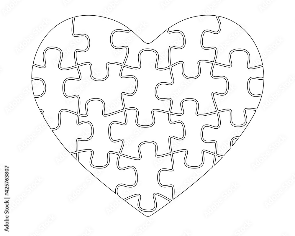 Heart from puzzles - vector linear picture for coloring. Picture with a ...