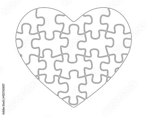 Heart from puzzles - vector linear picture for coloring. Picture with a heart from puzzles for Valentine's Day with an editable outline. Outline. Element for holiday coloring book