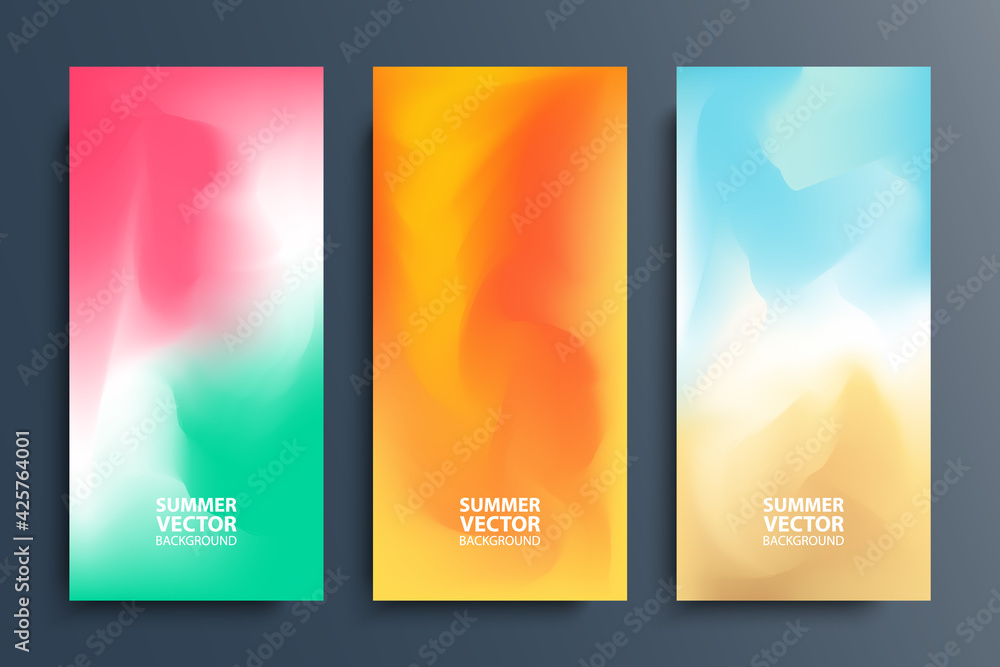 Fototapeta premium Summer blurred backgrounds set with modern abstract blurred color gradient patterns. Summertime smooth vibrant templates collection for posters, banners and flyers. Vector illustration.