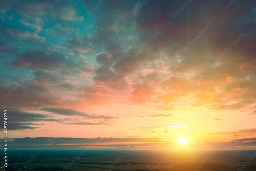 Panoramic view of the countryside with evening sky during sunset. View from above