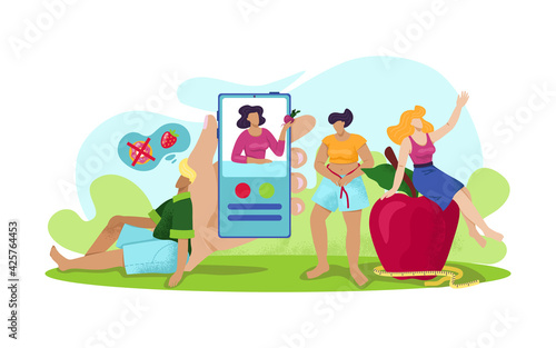 Nutrition flat app for male female diet, vector illustration. Cartoon meal menu for weight loss, man woman character with organic product.